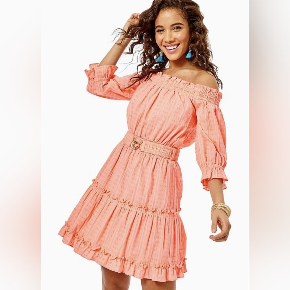 Lilly Pulitzer Louisa Off The Shoulder Dress Papaya Punch Neon Metallic Size L